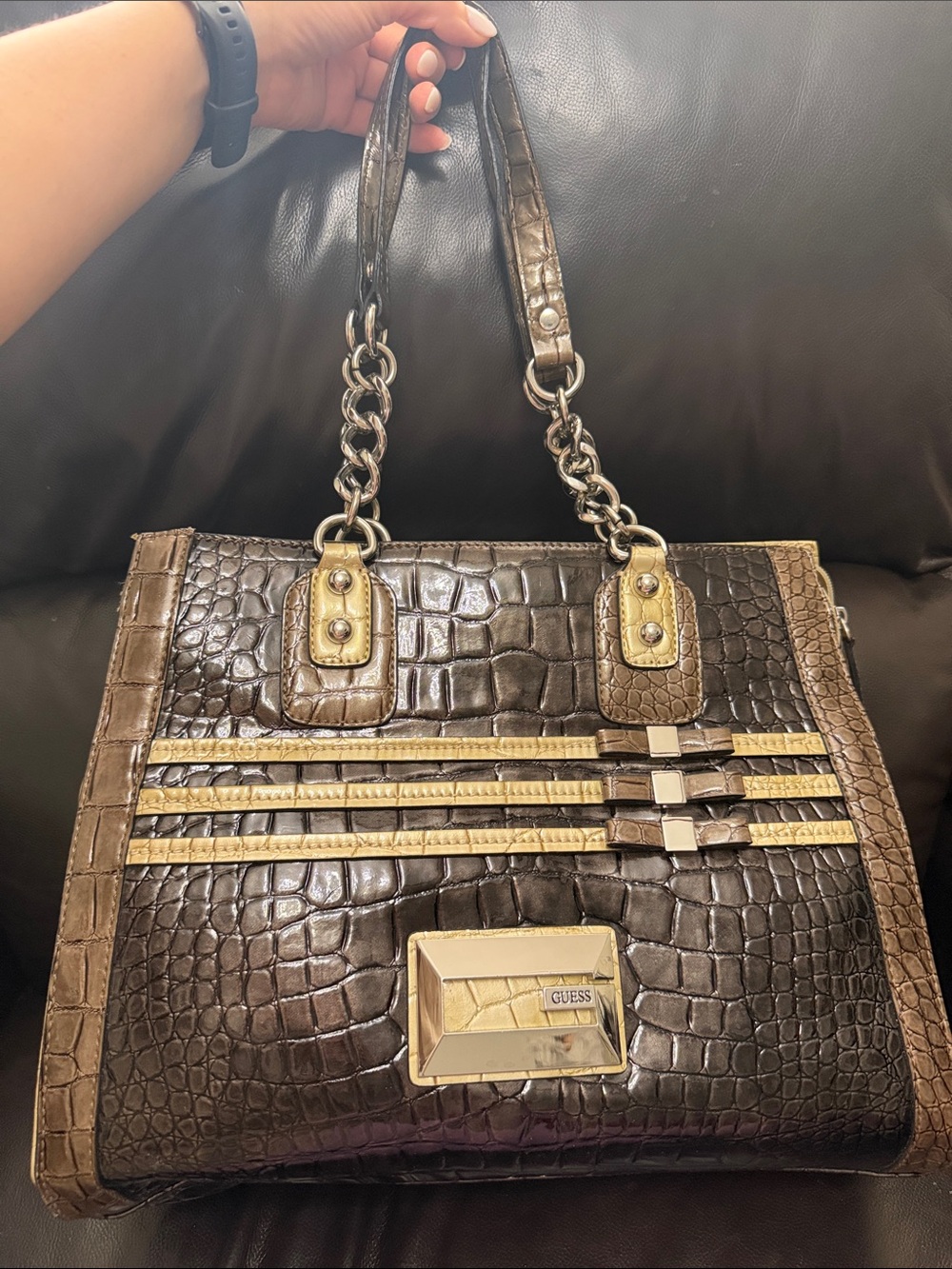 GUESS Dark Brown Croc-Embossed Tote with Gold Accents